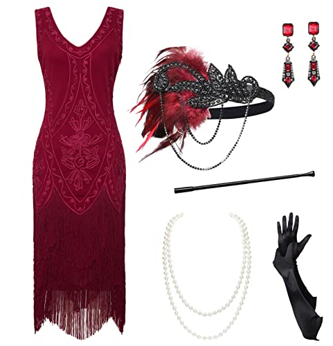 BABEYOND 1920er Jahre Flapper Kleid Set - Brüllende 20er Jahre Great Gatsby Kostüm Kleid Fransen Verziertes Kleid mit Zubehör Set, Set – Weinrot, Small von BABEYOND