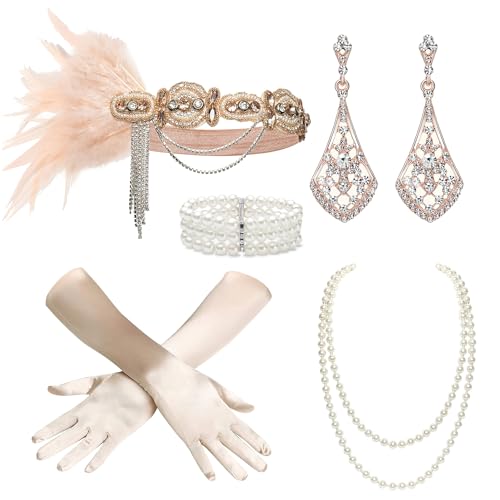 BABEYOND 1920er Jahre Flapper Zubehör Gatsby Kostüm Zubehör Set 20er Jahre Flapper Stirnband Perlenkette Handschuhe, Champagner, Einheitsgröße von BABEYOND