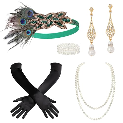 BABEYOND 1920er Jahre Flapper Zubehör Great Gatsby Kostüm Zubehör 20er Jahre Flapper Stirnband Perlenkette Handschuhe Kunststoffhalter von BABEYOND