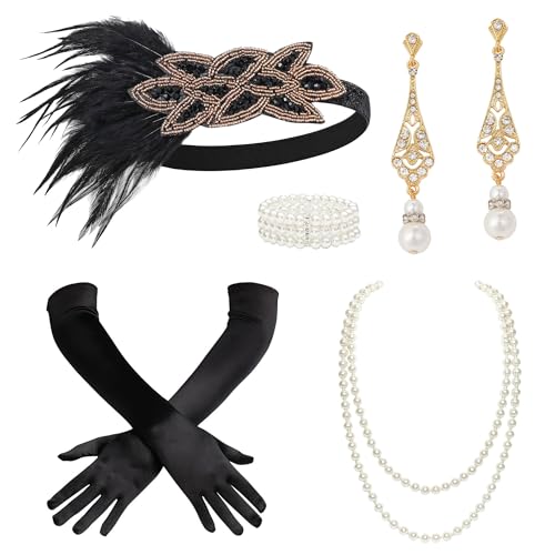 BABEYOND 1920s Accessoires Set Damen Gatsby Kostüm Zubehör Set inklusive Stirnband Halskette Handschuhe Ohrringe Goldschwarz von BABEYOND