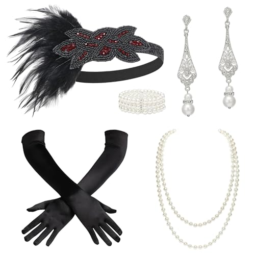 BABEYOND 1920s Accessoires Set Damen Gatsby Kostüm Zubehör Set inklusive Stirnband Halskette Handschuhe Ohrringe Schwarzrot von BABEYOND