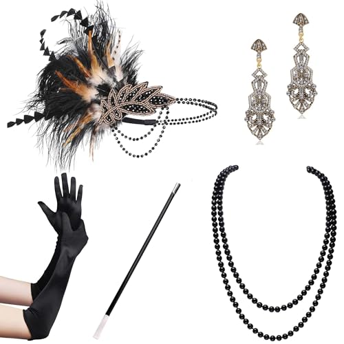 BABEYOND 1920s Accessoires Set Damen Gatsby Kostüm Zubehör Set inklusive Stirnband Halskette Handschuhe von BABEYOND