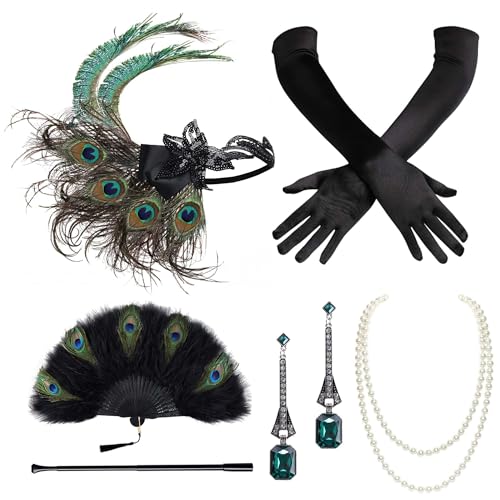 BABEYOND 1920s Accessoires Set Damen Gatsby Kostüm Zubehör Set inklusive Stirnband Halskette Handschuhe von BABEYOND