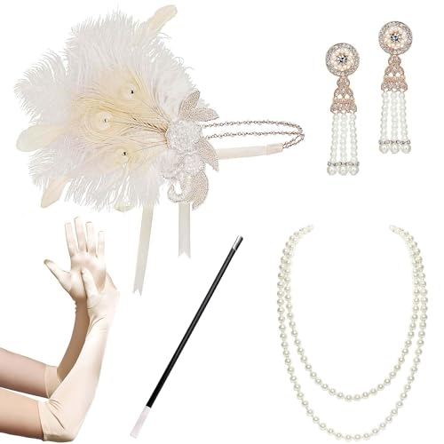 BABEYOND 1920s Accessoires Set Damen Gatsby Kostüm Zubehör Set inklusive Stirnband Halskette Handschuhe von BABEYOND