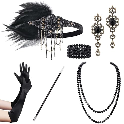 BABEYOND 1920s Accessoires Set Damen Gatsby Kostüm Zubehör Set inklusive Stirnband Halskette Handschuhe von BABEYOND