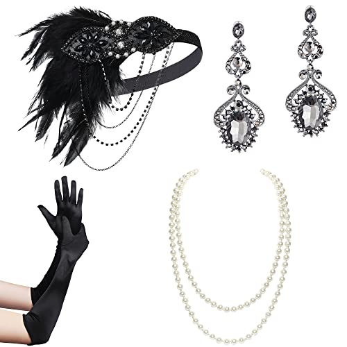 BABEYOND 1920s Flapper Accessoires Set Gatsby Kostüm Accessoires 20er Jahre Flapper Stirnband Perlenkette Handschuhe Zigarettenhalter (Set-10) Schwarz von BABEYOND