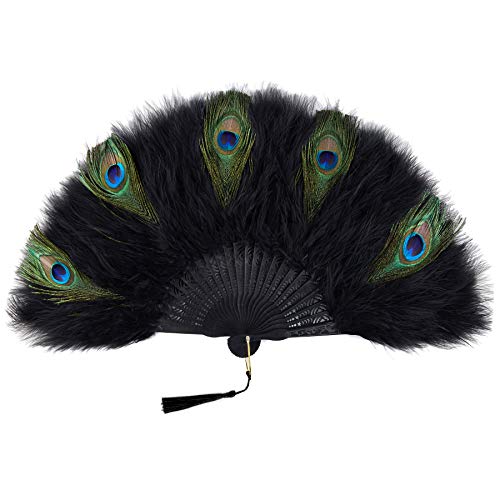 BABEYOND Damen Fächer Marabou Feder 1920s Vintage Stil Retro Handfächer Damen Gatsby Kostüm Flapper Zubehör (Schwarzer Griff - Schwarz Pfau Feder) von BABEYOND