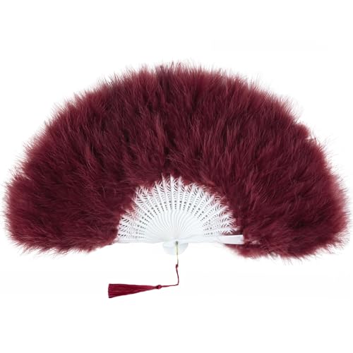 BABEYOND Damen Fächer Marabou Feder 1920s Vintage Stil Retro Handfächer Damen Gatsby Kostüm Flapper Zubehör (Weinrot) von BABEYOND