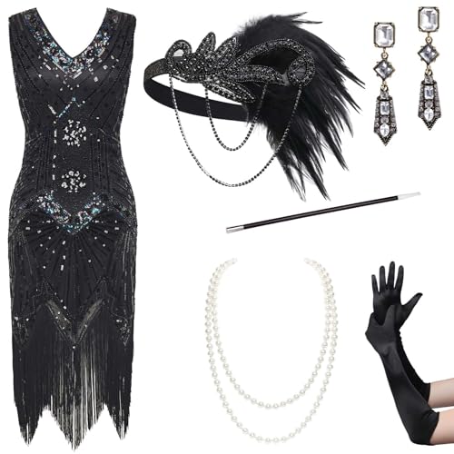 BABEYOND Damen Flapper Kleider Set 1920er Jahre V Ausschnitt Great Gatsby Kleid mit Accessoires Set, Set2 - Glamblack, Medium von BABEYOND