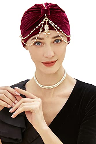 BABEYOND Damen Turban Hut mit Kristall Brosche 1920s Haarband Exotisch Retro Indischer Turban Hut Damen Fasching Kostüm Accessoires(Weinrot-2) von BABEYOND