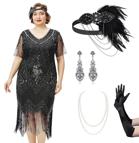 BABEYOND Great Gatsby Kleider für Damen, Übergröße, Cocktailkleid, 1920er-Jahre, Flapper-Kostüm für Damen, Set - Schwarz, 4XL Große Größen von BABEYOND