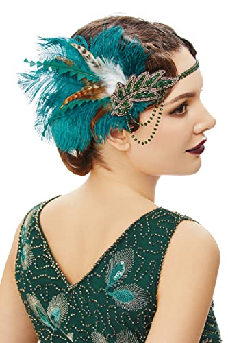 BABEYOND Stirnband Damen Pfau Feder Haarspange Gatsby Fasching Kostüm Haar Accessoires Dunkelgrün von BABEYOND