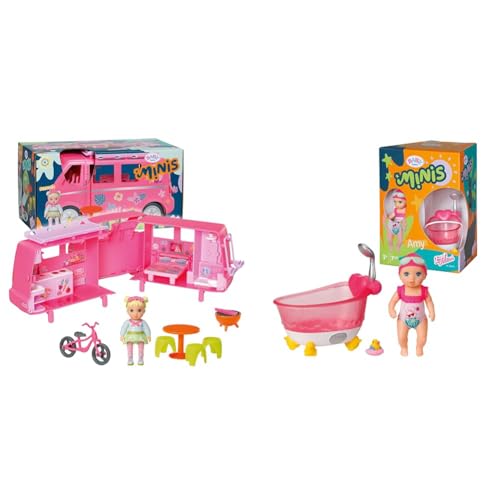 BABY Born, Puppenfahrzeug, aufklappbarer Wohnwagen & Minis Badewannen-Spielset mit Minis-Puppe Amy und Ente, 906101 Zapf Creation von BABY Born