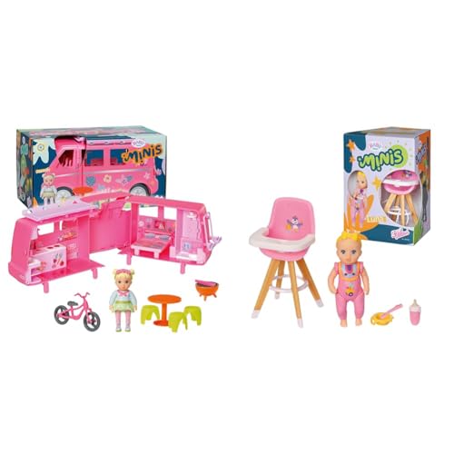 BABY Born, Puppenfahrzeug, aufklappbarer Wohnwagen & Minis Hochstuhl-Spielset mit Minis-Puppe Luna, Flasche und Teller, 906125 Zapf Creation von BABY Born