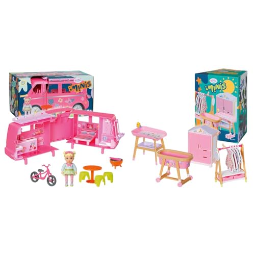 BABY Born, Puppenfahrzeug, aufklappbarer Wohnwagen & Minis Playset Möbelset mit Kleiderschrank, Kleiderstange, Stubenwagen und Wickeltisch, 906163 Zapf Creation von BABY Born