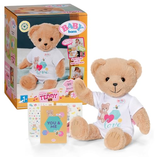 BABY born Singender Teddy, Plüschbär mit Soundfunktion, weißem Strampler und beweglichen Armen und Beinen, für Kinder ab 2 Jahren, singt 5 deutsche Lieder aus der Serie, 837962 Zapf Creation von BABY Born