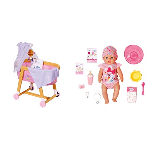 BABY Born Zapf Creation 829981 Gute Nacht Stubenwagen - Puppen-Stubenwagen in Holzoptik mit rosa Stoffhimmel, Planetenmobile und Bettzeug & Zapf Creation 827956 Magic Girl 43 cm von BABY Born