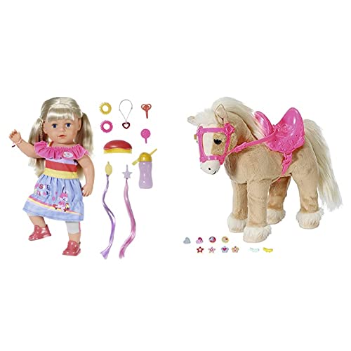 BABY Born Zapf Creation 830345 Sister 43cm & Zapf Creation 831168 My Cute Horse - Eletronisches Plüschpferd mit Lauf- und Soundfunktion, rosa Sattel, rosa Zaumzeug und Pins zum Dekorieren von BABY Born