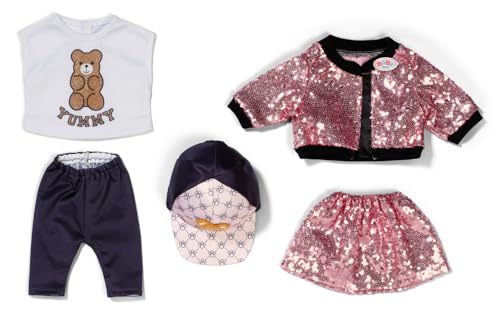 BABY born Glam Outfit 43cm, Pinker Pailletten-Rock und Jacke, Shirt mit Teddydruck, Cap und Leggings für 43cm Puppen, 837320 Zapf Creation von BABY Born