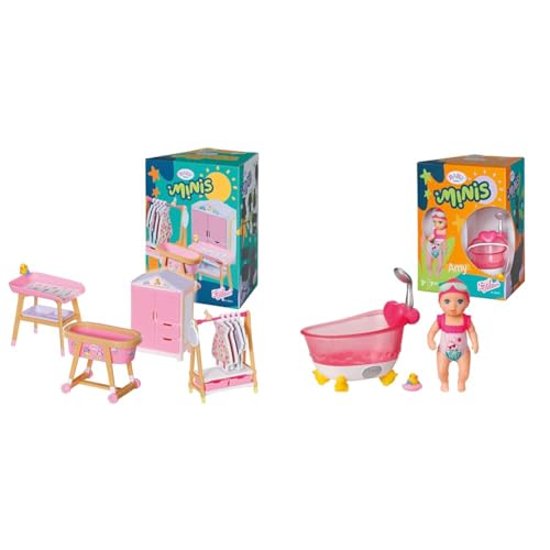 BABY born Minis Playset Möbelset mit Kleiderschrank, Kleiderstange, Stubenwagen und Wickeltisch, 906163 Zapf Creation & Minis Badewannen-Spielset mit Minis-Puppe Amy und Ente, 906101 Zapf Creation von BABY Born