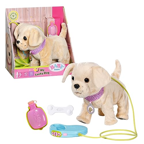 BABY born My Lucky Dog mit 5 verschiedenen Funktionen, für Kinder ab 3 Jahren, funktioniert mit Batterien, inkl. Halsband, Leine, Flasche und Knochen, 835197 Zapf Creation von BABY Born