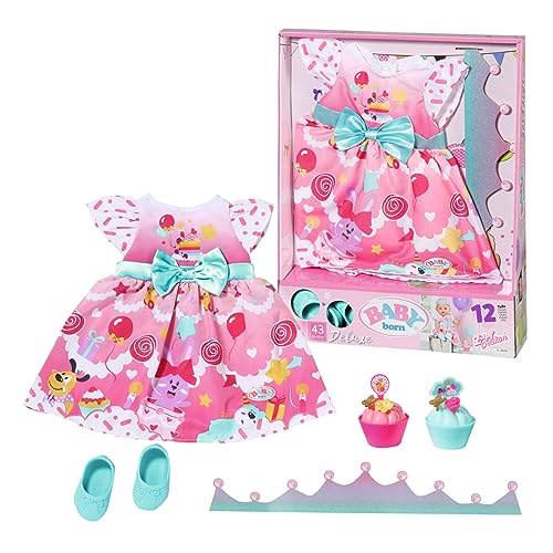 BABY born Partykleid Zapf Creation 834152 Deluxe Geburtstag 43cm-Puppenzubehör Puppenkleidung Set bestehend aus Kleid, Schuhen, Papierkrone und Törtchen, rosa türkis, Einfarbig, Schwarz, S von BABY Born