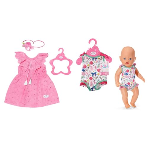 BABY born Trendy Blumenkleid, Puppenkleid aus rosa Spitzenstoff mit Haarband für 43 cm Puppen & Badeanzug, EIN Stück, Puppen-Badeanzug mit Buntem Print für 43 cm Puppen von BABY Born