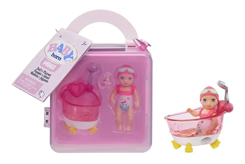 BABY Born Minis Spielset – Puppe in hellem Hautton mit blauen Augen, Badewanne und Gummiente, inklusive wiederverwendbarer Tragetasche für unterwegs von BABY Born