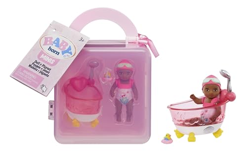 BABY Born Minis Spielset – Puppe in tiefem Hautton mit braunen Augen, Badewanne & Badeente Zubehör, inklusive wiederverwendbarer Tragetasche für unterwegs von BABY Born