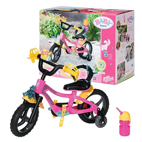 BABY born Fahrrad - Pinkes Puppenfahrrad für 43 cm Puppen mit gelben Schutzblechen, beweglichen Rädern mit Stollenprofil, Gurtsystem, Hupe, Blinklicht und Trinkflasche, 830024, Zapf Creation von BABY Born