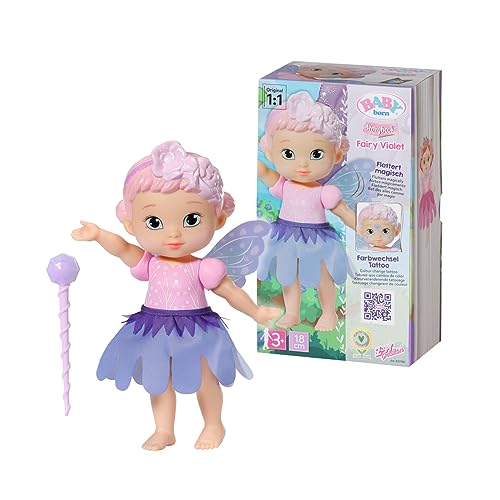 BABY born 833780 Storybook Fairy Violet 18 cm- Feen-Puppe mit flatternden Flügeln, Farbwechsel Tattoo, Feenlicht, Zauberstab, Kulisse und Bilderbuch von BABY Born