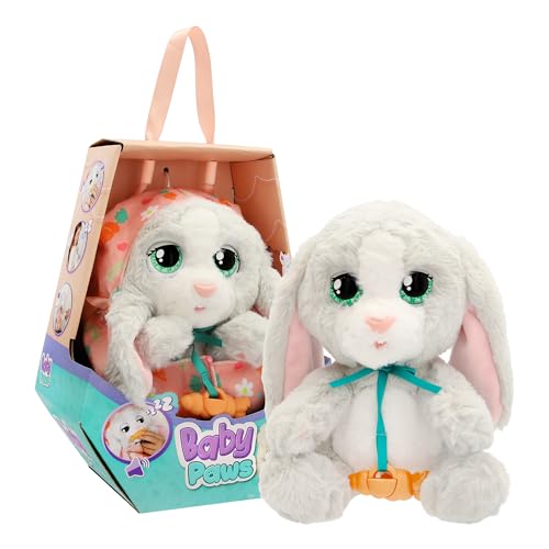 BABY PAWS Bunny, Interaktiver Plüschhase mit Lauten, der die Augen öffnet und Schließt und einen Tragebeutel sowie Schnuller enthält, Spielzeug und Geschenk für Kinder ab 18 Monaten von BABY PAWS