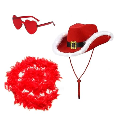 BABYVIVA Cowboyhut, 3 Stück, Weihnachtsfrau, LED-Cowboyhut, Herz, Sonnenbrille mit Federschal, winddichter Hut für Fotoshootings, Werkzeuge von BABYVIVA