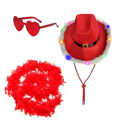 BABYVIVA Cowboyhut, 3 Stück, Weihnachtsfrau, LED-Cowboyhut, Herz, Sonnenbrille mit Federschal, winddichter Hut für Fotoshootings, Werkzeuge von BABYVIVA