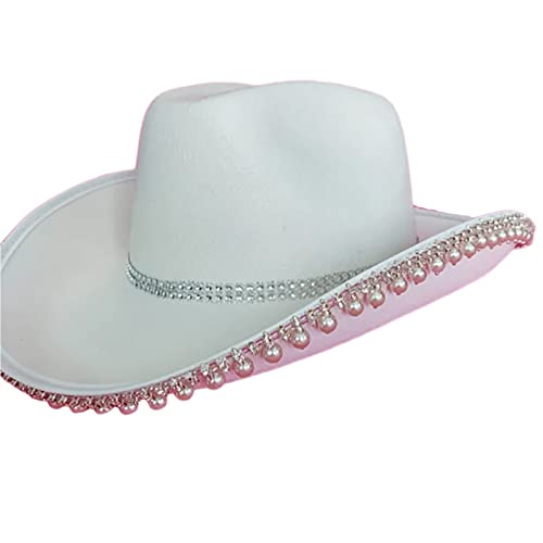 BABYVIVA Cowboyhut, weißer eleganter Cowgirl-Hut, Braut, Hochzeit, Foto, Kostüm-Requisiten, Outdoor-Frau, Mädchen, Hut mit baumelnder Perlenkrempe von BABYVIVA