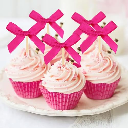 24 Pcs Heiße Rosa Schleife Cupcake Toppers Rosa Schleife Geburtstagstorte Dekorationen Für Bow Bridal Shower Bachelorette Babyshower von BACH AND BOUJEE