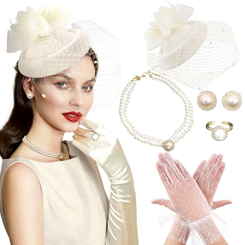 BACH AND BOUJEE Champagner Tee Party Hut Handschuhe Frauen Fascinators Hüte Handschuhe Perlenkette Ohrringe Choker für Hochzeit Brautdusche Geburtstag Tea Party von BACH AND BOUJEE