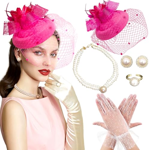 BACH AND BOUJEE Hot Pink Tea Party Hut Handschuhe Frauen Fascinators Hüte Handschuhe Perlenkette Ohrringe Choker für Hochzeit Brautdusche Geburtstag Tea Party von BACH AND BOUJEE