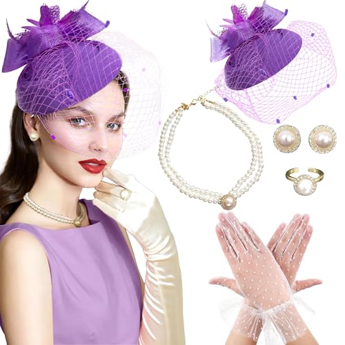 BACH AND BOUJEE Lila Tea Party Hut Handschuhe Frauen Fascinators Hüte Handschuhe Perlenkette Ohrringe Choker für Hochzeit Brautdusche Geburtstag Tea Party von BACH AND BOUJEE