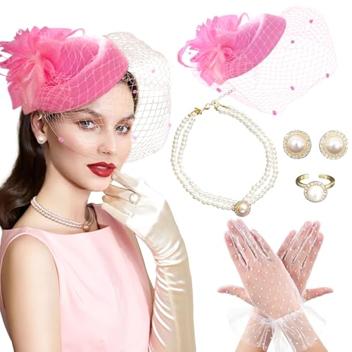 BACH AND BOUJEE Rosa Tea Party Hut Handschuhe Frauen Fascinators Hüte Handschuhe Perlenkette Ohrringe Choker für Hochzeit Brautdusche Geburtstag Tea Party von BACH AND BOUJEE