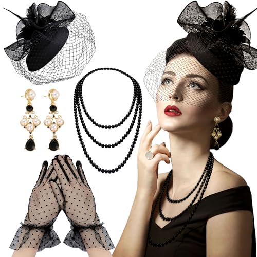 BACH AND BOUJEE Schwarzer Tea Party Hut Handschuhe Frauen Fascinators Hüte Handschuhe Perlenkette Ohrringe Choker für Hochzeit Braut Shower Geburtstag Tea Party von BACH AND BOUJEE