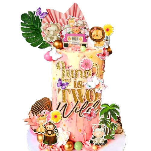 35 Pack rosa Dschungel Tier Kuchen Topper Set Niedliche Safari Thema Cupcake Toppers Safari Kuchen Dekorationen Wilde One Kuchen Topper für Babyparty Geburtstag Party Dekorationen von BACH AND BOUJEE