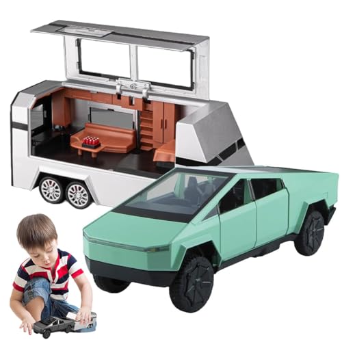 1/24 großer Pickup-Truck mit Wohnmobil und Motorrad, Modell-Pickup-Truck, Spielzeug-Mini-Trucks, Druckguss-Pickup-Anhänger, Wohnmobil-Modell, Spielzeug-Truck mit Sound und Licht, Rückzug(B(green)) von BAFRA