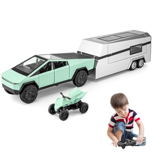 1/24 großer Pickup-Truck mit Wohnmobil und Motorrad, Modell-Pickup-Truck, Spielzeug-Mini-Trucks, Druckguss-Pickup-Anhänger, Wohnmobil-Modell, Spielzeug-Truck mit Sound und Licht, Rückzug(C(green)) von BAFRA