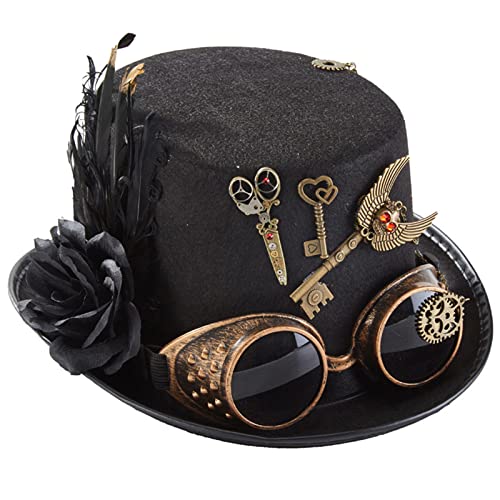 BAHJKASD Retro-Steampunk-Hut, viktorianischer Zylinderhut, Feder, Blume, Zahnräder, Brille, Kette, Zylinder, Punk, Zubehör für Kostümpartys, Halloween von BAHJKASD