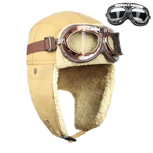 BAIFUMEN Vintage-Fliegerhut und Brille mit Maske, Kunstpelz-Ohrenschützer, Kostümzubehör, Trooper-Trapper-Pilotenmütze für Damen und Herren, Piloten Kostüm Damen, Kinder Pilotenmütze（Gelb） von BAIFUMEN