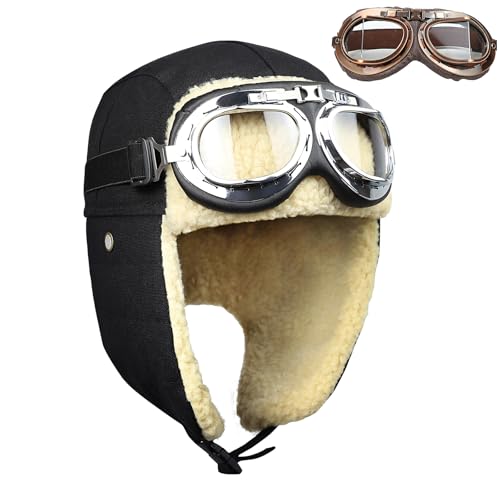 BAIFUMEN Vintage-Fliegerhut und Brille mit Maske, Kunstpelz-Ohrenschützer, Kostümzubehör, Trooper-Trapper-Pilotenmütze für Damen und Herren, Piloten Kostüm Damen, Kinder Pilotenmütze（Schwarz） von BAIFUMEN