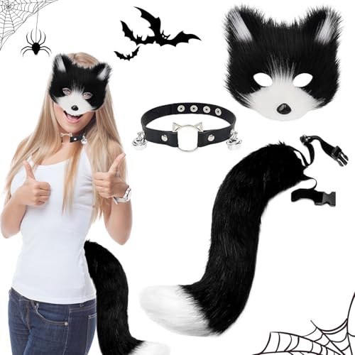 BAISHUWU Fuchsschwanz Halloween Katze Maske Set, Halloween Katzen Therian Tail Maske Set, Kunstpelz Fuchs Maske, Pelzige Katze Fuchs Maske Set, Fuchs Masken Set, für Halloween Show, Cosplay, Party von BAISHUWU