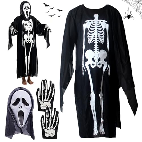 BAISHUWU Halloween Skeleton Costume, Halloween Skelett Kostüm, Halloween Schädel Handschuhe und Skelett Robe, Halloween Skelett Overall, inkl Halloween Skelett Gesichtsmaske, für Halloween Cosplay von BAISHUWU