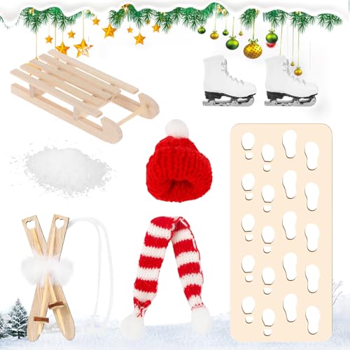 Wichtel Zubehör Weihnachten, Wichtel Schlitten Set, Miniatur Weihnachten Wichtel Mütze Schal Skischuhe Schlitten Holz Skier Schnee Fußabdrücke, für Wichteltür Deko 1:12 Puppenhaus Geschenke Wichtel Zubehör Weihnachten, Wichtel Schlitten Set, Miniatur Weihnachten Wichtel Mütze Schal Skischuhe Schlitten Holz Skier Schnee Fußabdrücke, für Wichteltür Deko 1:12 Puppenhaus Geschenke von BAISHUWU
